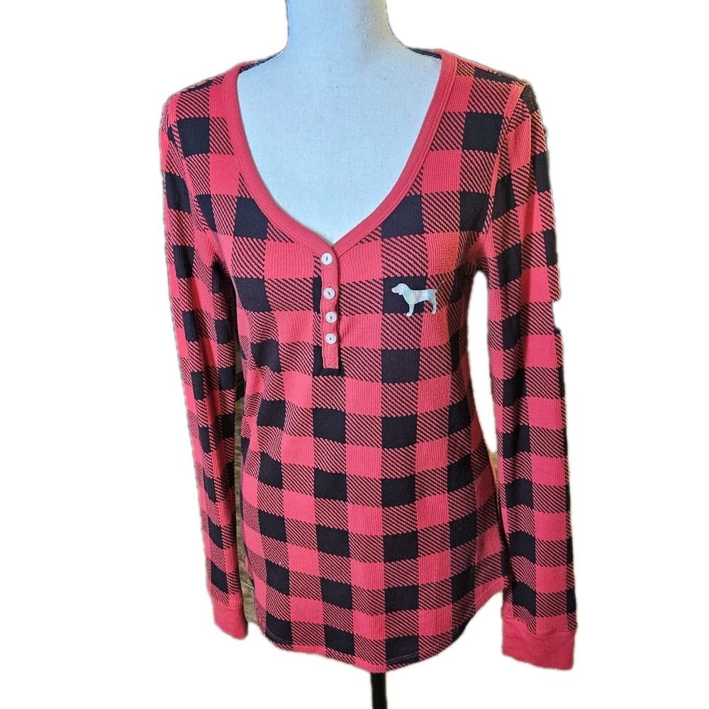 Victoria Secret Pink Buffalo Plaid Checked Long Sleeve Thermal Sleep Shirt SZ M